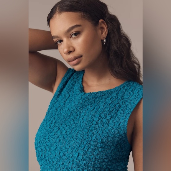 By Anthropologie Textured Mini Shift Dress in Teal Blue. NWT! - Picture 6 of 8